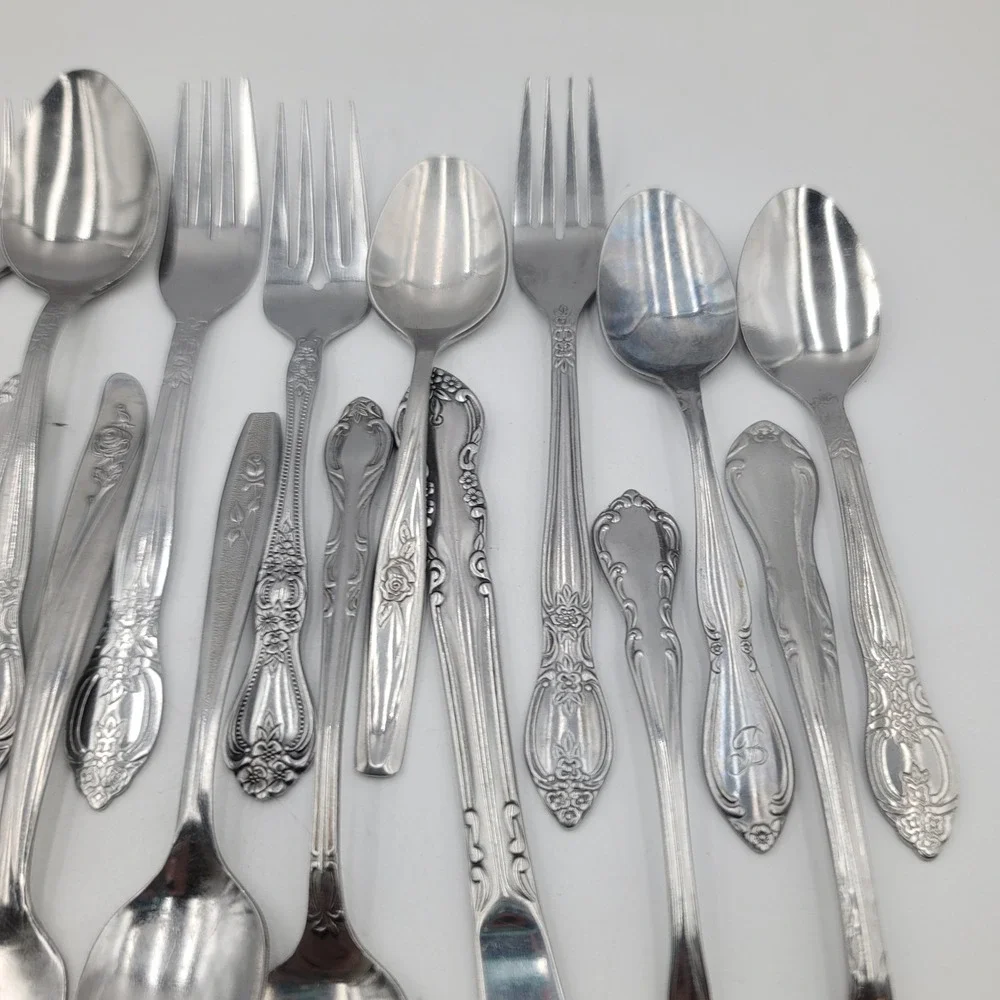 45pc Mixed Flatware Lot Ornate Floral Stainless Steel Silverware Forks Spoons